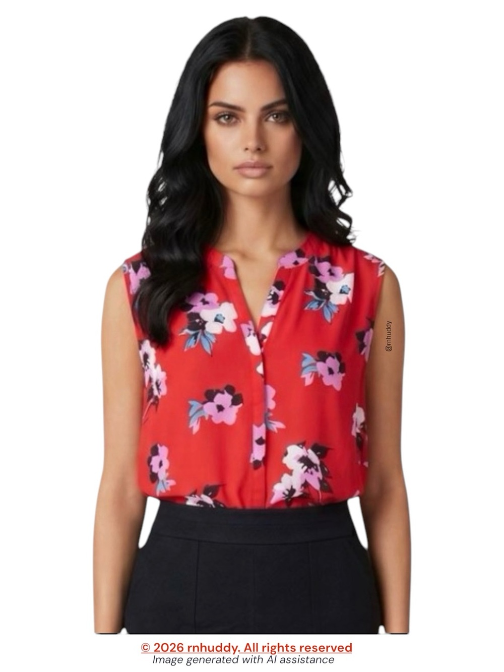 Chelsea & Theodore M red floral sleeveless blouse